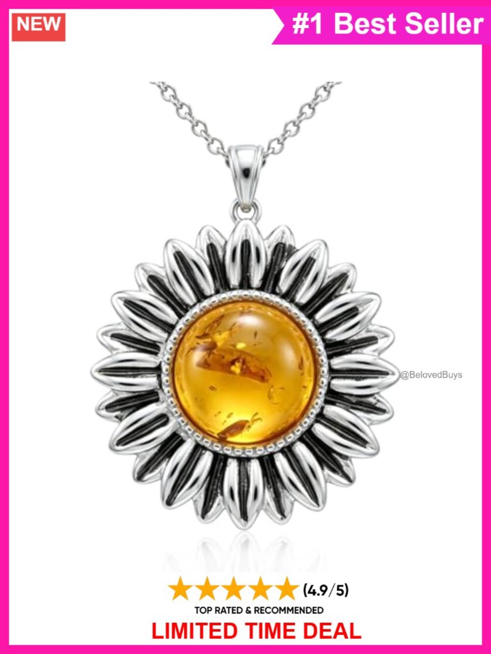 925 Sterling Silver Sunflower Amber Pendant Necklace